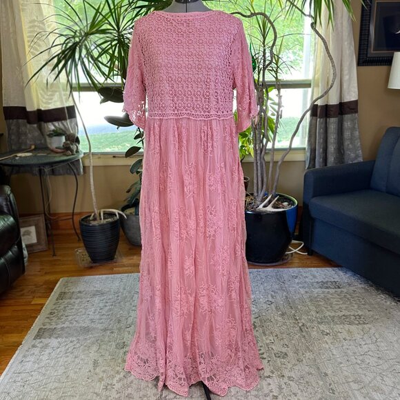 Tea n Rose‎ Crochet Lace Overlay Pink Maxi Dress L Butterfly Sleeves - Picture 4 of 11